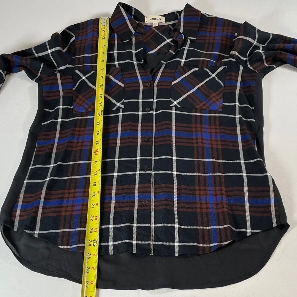 L’AGENCE Flannel Plaid Shirt Contrast Black Silk Back, Blue and Brown - Size XS